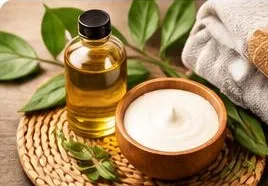 Hair oil and a bowl of cream on a woven mat