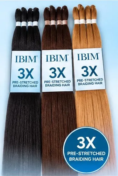 Three packs of IBIM 3X Pre-Stretched Braiding Hair in black, brown and honey blonde